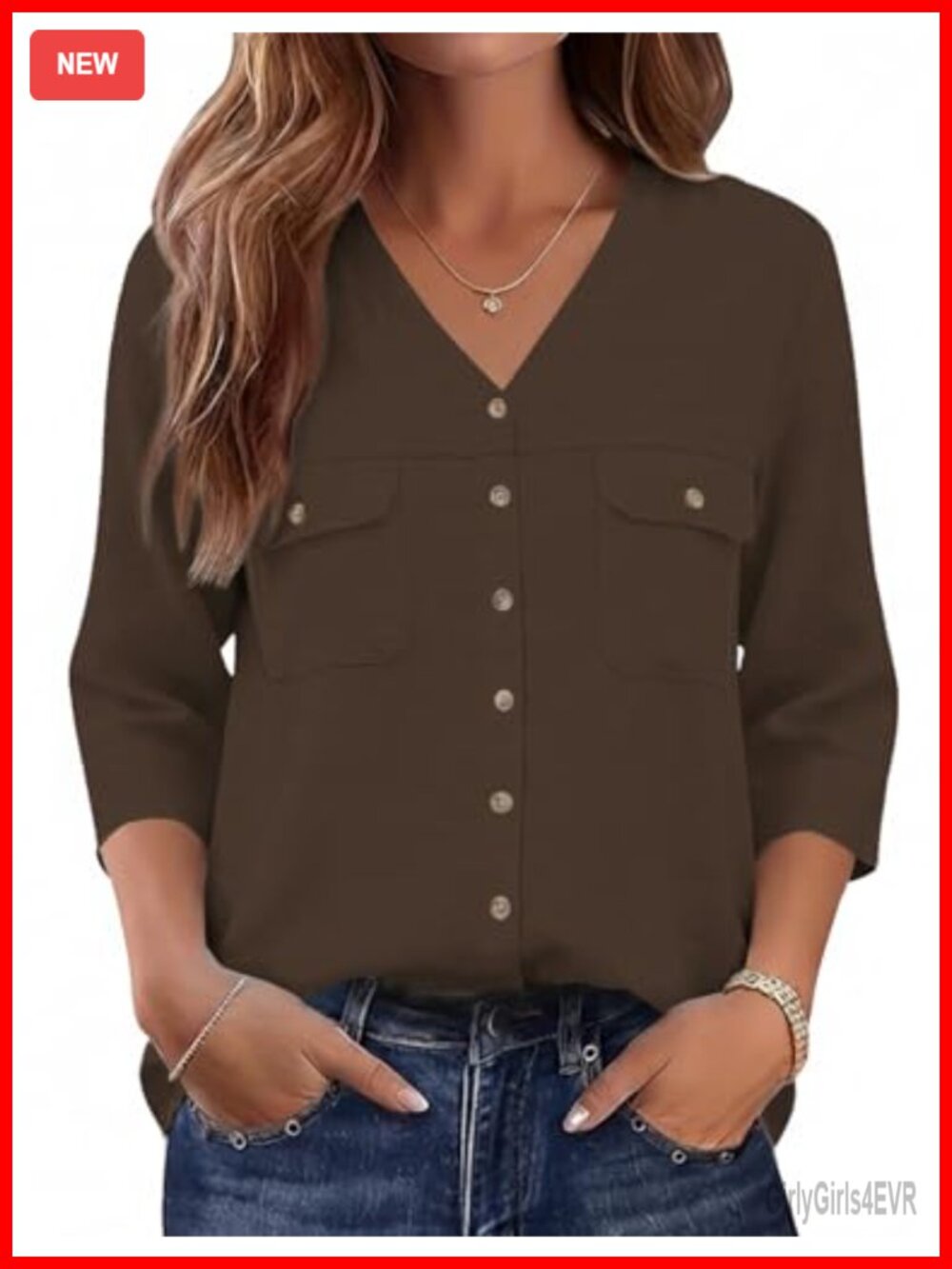 Women's Button Down Shirt 3/4 Sleeve V Neck Blouse with Pockets